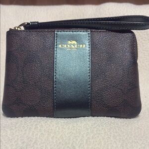 Coach Brown & Black Sig. Wristlet with Deep metallic green Stripe & Gold Logo